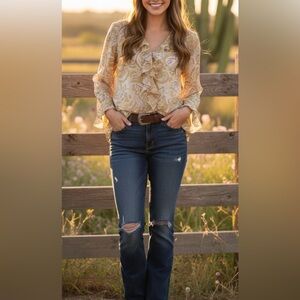 Selene multicolor sheer womens blouse sz XL cardigan paisley ruffle front boho